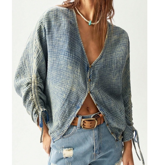 Boho Vintage Wash Blue Button Down Oversized Top - Picture 5 of 5